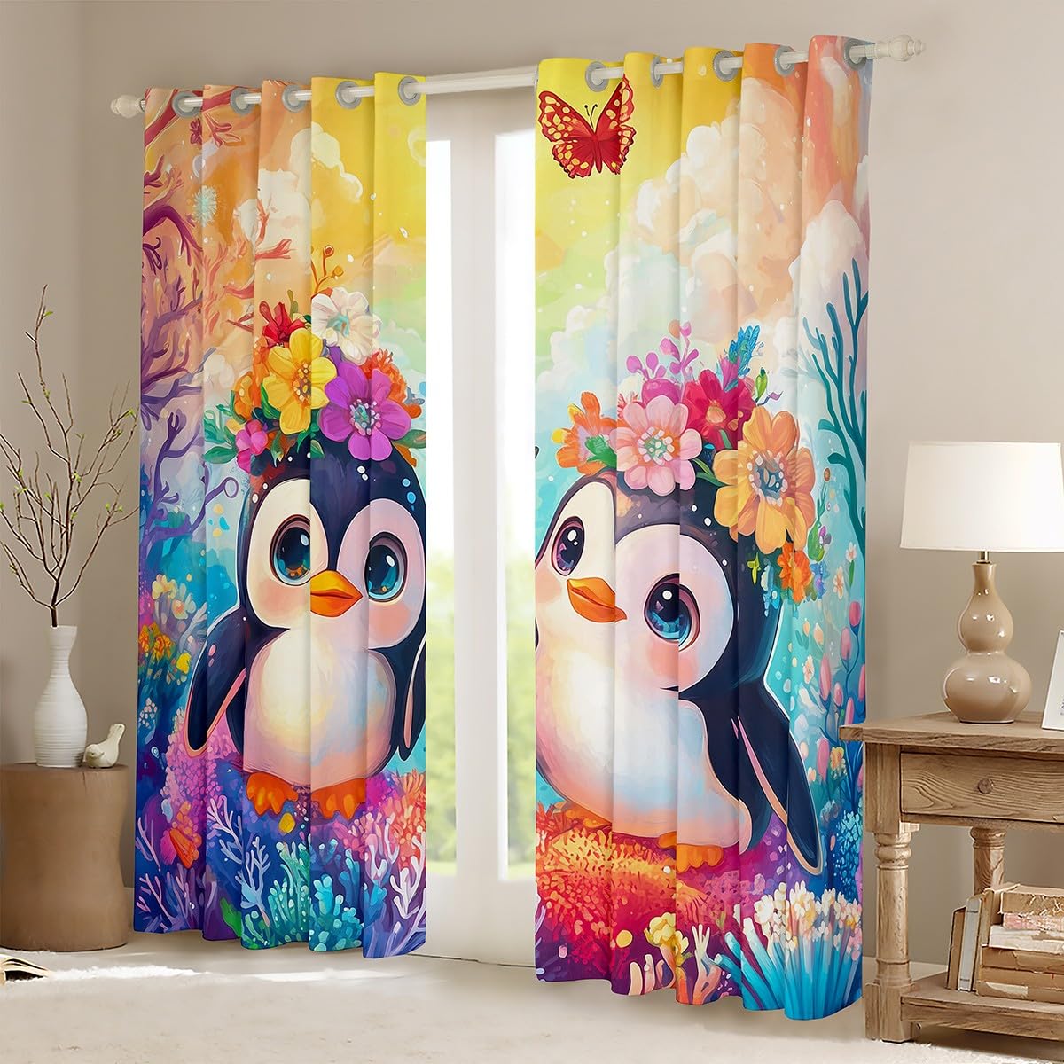 Manfei Penguin Kids Blackout Curtain Watercolor Marine Life Window Drapes for Boys Girls Room Decor Floral Animal Window Treatments - Image 2