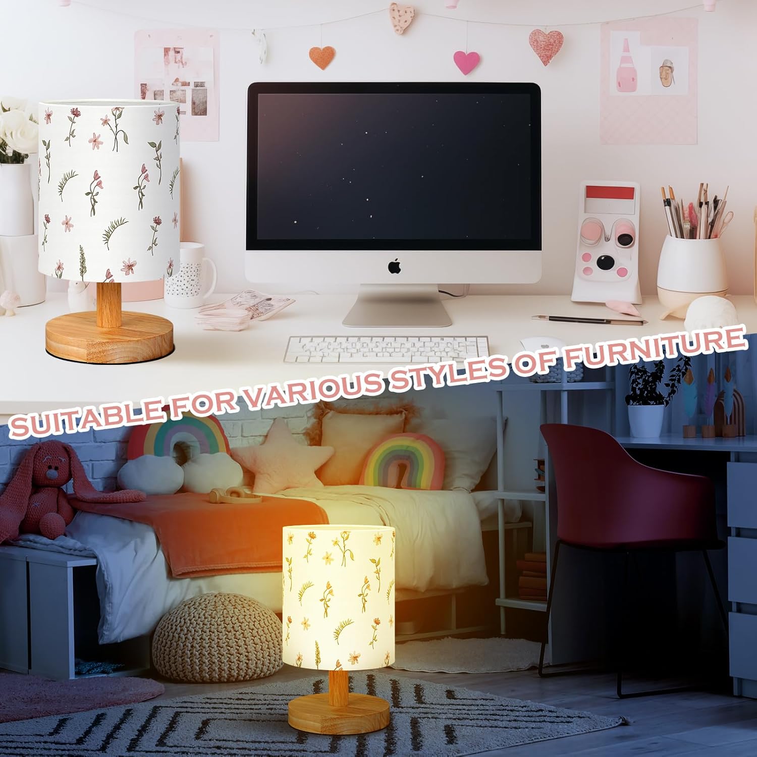VIHOSE Boho Floral Bedside Table Lamp Vintage Nightstand Lamp with Linen Fabric Shade Solid Wood Base Decoration for Kids Living Room Bedroom Desk Dorm