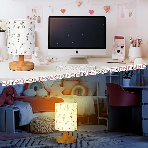 Miniatura 4 de VIHOSE Lámpara de mesita de noche floral bohemia con pantalla de tela de lino, base de madera maciza, decoración para niños, sala de estar,
