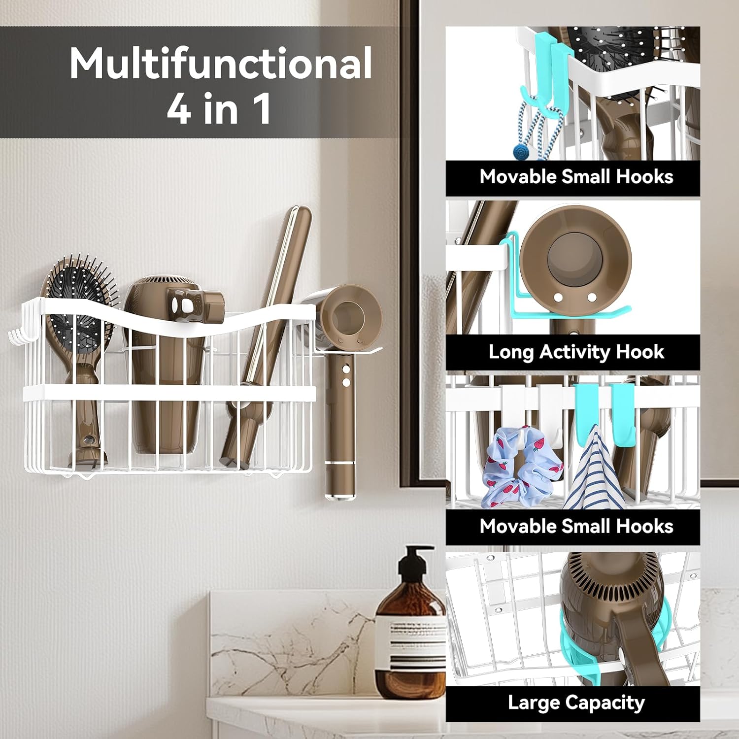 Dailyart Hair Tool Organizer Wall Mounted, 3-in-1 Blow Dryer Holder for Bathroom, Hair Dryer Holder and Styling Tools Organizer for Flat Iron, Curling Wand, Hair Accessories Storage, White