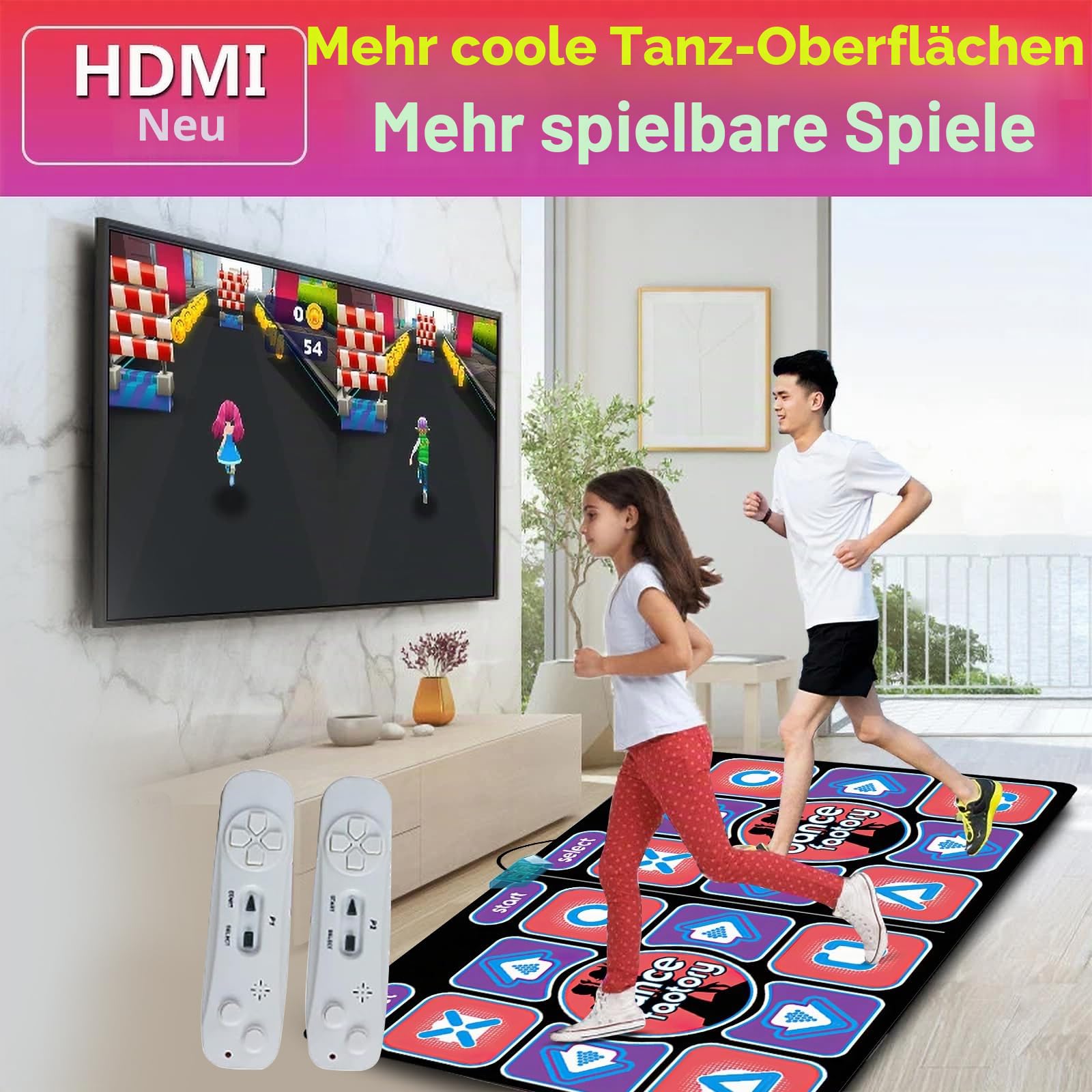 Tanzmatte 2-in-1 für TV und PC, doppelte Tanzmatte für Kinder und Erwachsene, interaktives D-Henkel-Top mit 2 Spiel-Controllern, 100 Liedern und 65 Spiele, für Fitness, Tanz und Familienfeier (A)