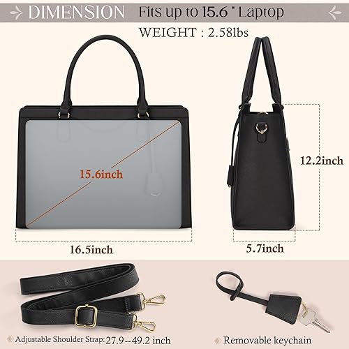 Miniatura 2 de Bolsa para laptop para mujer, 15.6 pulgadas, impermeable, de piel, bolsa de mano para computadora, negocios, oficina, trabajo, maletín de gran