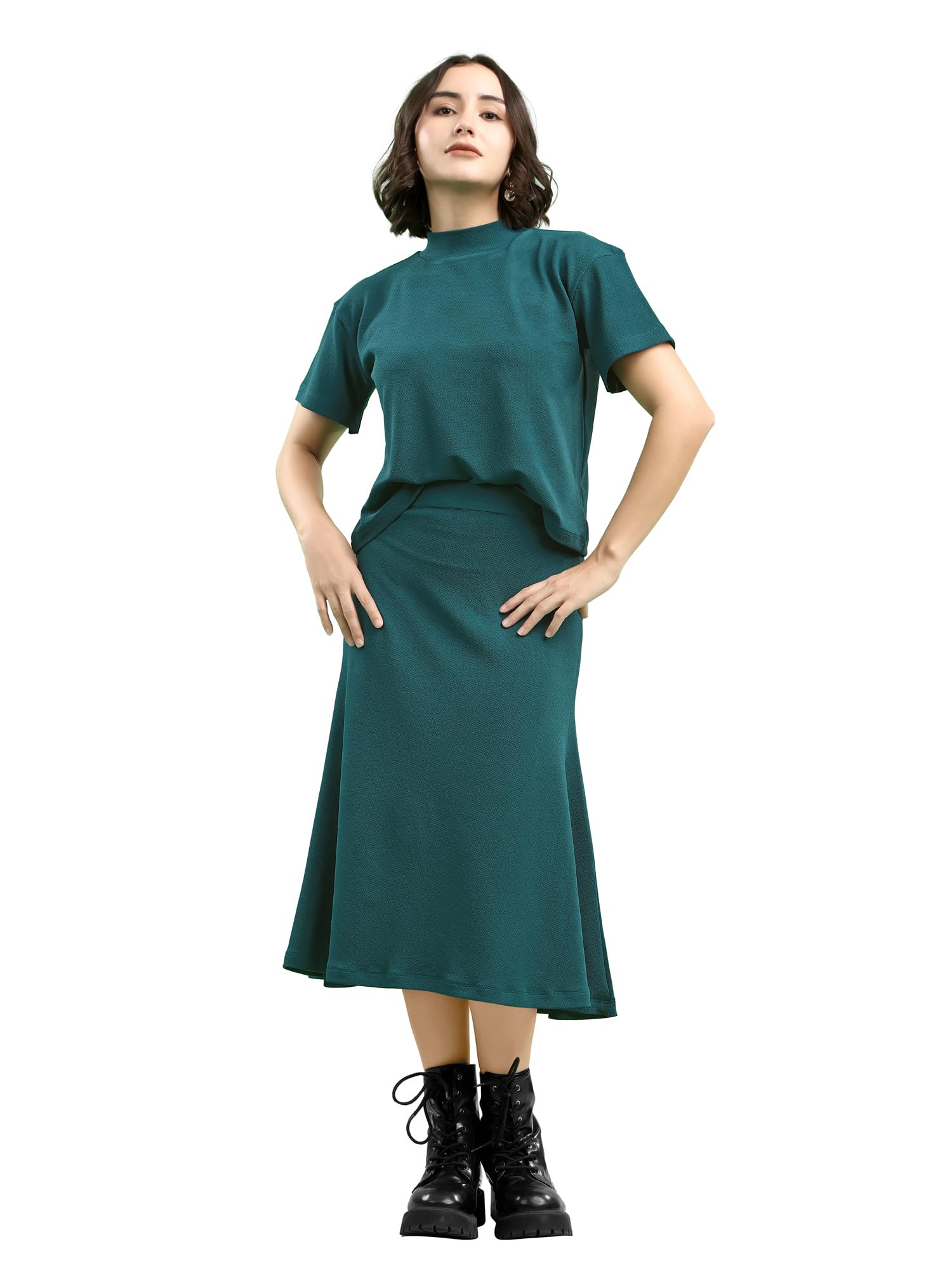 Women's Short Sleeve Top with Skirt Solid Co-ords Set-image-22