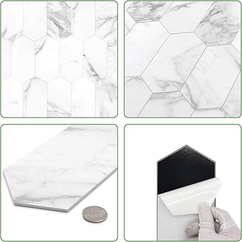 Miniatura 5 de Azulejo de piedra para cocina, despegar y pegar, azulejos autoadhesivos hexagonales largos, mármol de carrara blanco en azulejos decorativos de