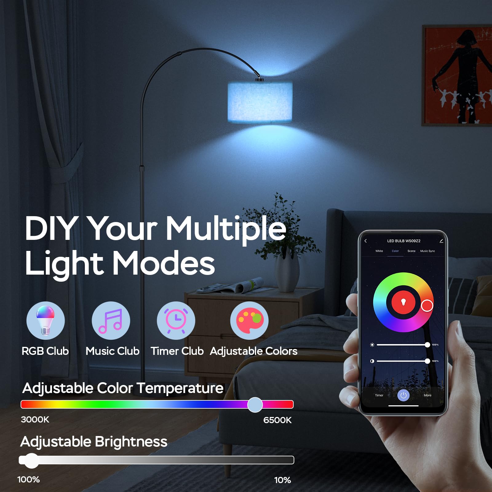 ANTENLICHT LUNA Bogenlampe Wohnzimmer Stehlampe Vintage, Inklusive LED E27 | Standleuchte mit Beige Stoffschirm I funktioniert mit Alexa und Google Home I RGB Stehleuchte Dimmbar für Schlafzimmer