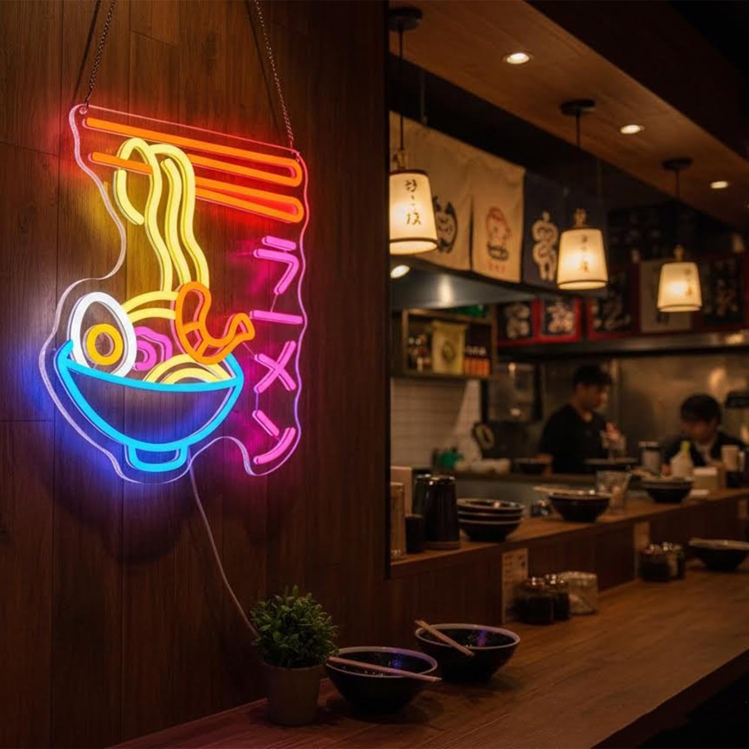 Enseignes lumineuses Ramen, néon de nouilles, enseignes au néon Japanesse Ramen pour decor murale, bol de Ramen LED neon alimentaire pour cuisine bar salle à manger restaurant (ラーメン)