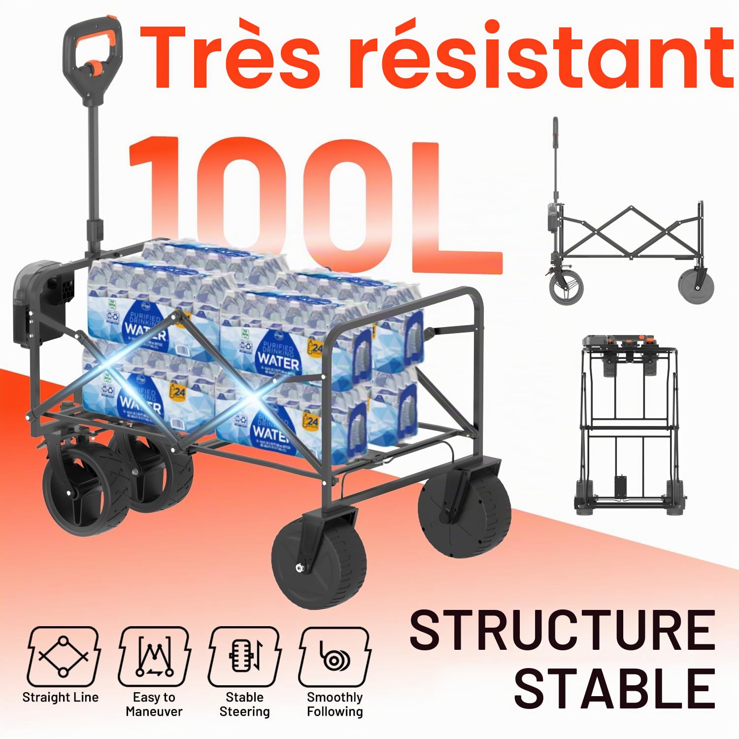 Litheli Chariot électrique Pliable avec Moteur et Freins, 100 l, 50 kg, Convient pour Le Camping, Le Jardin, la Plage, Le Shopping (Noir, W1 Go avec 1 Batterie)