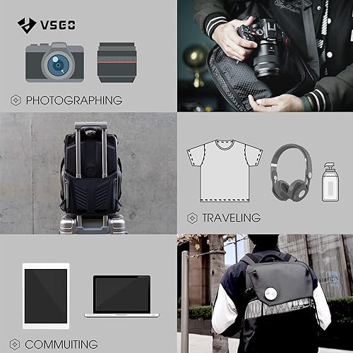 Miniatura 6 de VSGO Mochila impermeable para cámara, compartimento para laptop de 15.6 pulgadas con cubierta para lluvia, compatible con cámara Sony Canon, Nikon,