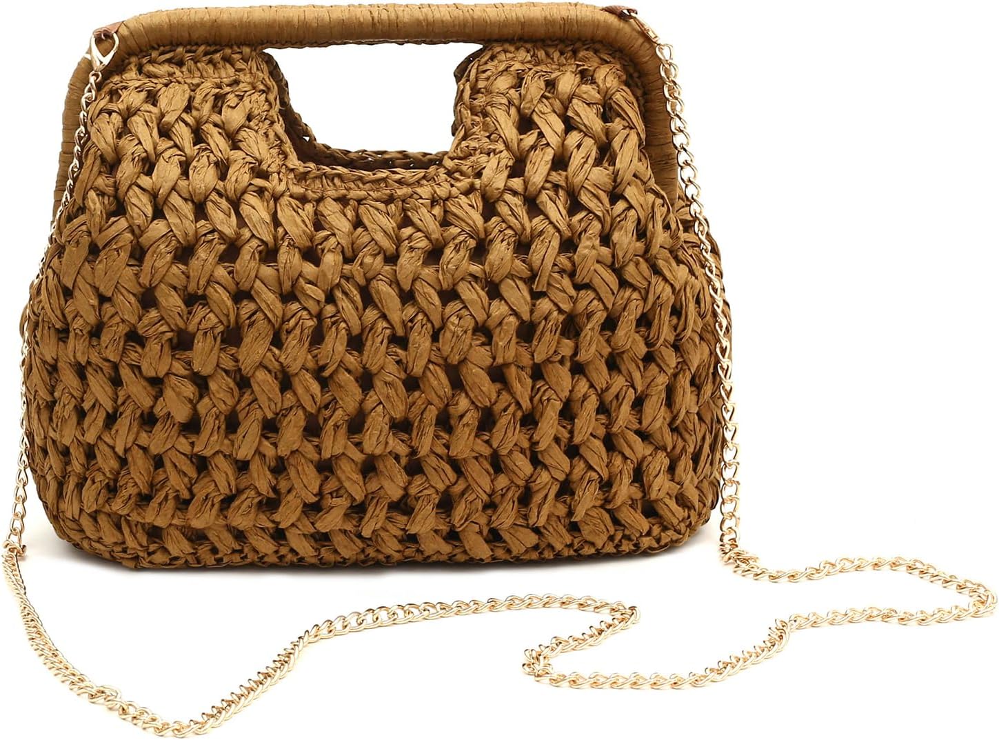 Herald Straw Woven Clutch Purse for Women, Beach Cloud Dumpling Pouch Evening Shoulder Crossbody Bag with Gold Chain