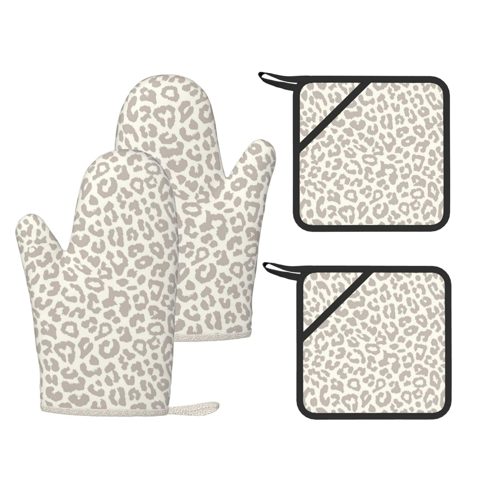 Ensemble de Quatre Gants et maniques résistants à la Chaleur, Gants de Cuisine antidérapants, maniques de Four, Motif léopard Marron