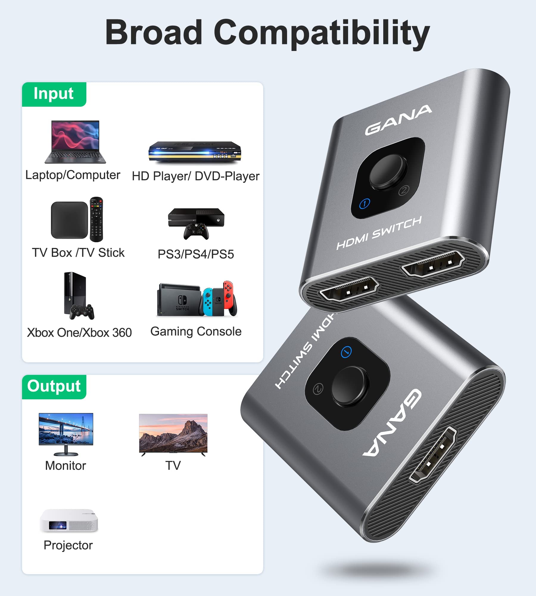 GANA Przełącznik HDMI 4K 60Hz - dwukierunkowy przełącznik aluminiowy 2 wejścia 1 wyjście/1 wejście 2 wyjścia - Plug & Play, kompatybilny z PS 5/4, serii X/S, PC (bez jednoczesnego wyświetlania)