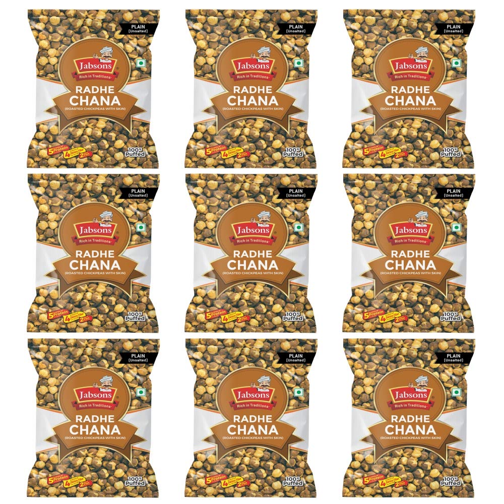 Jabsons Roasted Chana Radhe Plain, 200gm| pack of 9| 100% roasted | No Onion No Garlic | Crunchy Protein Snacks Bhuna Chana Ready to eat Unsalted