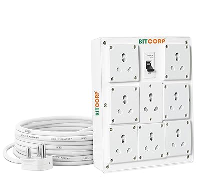 Extension Cord (5000W) 15A 16A 20A Spike Guard Thermal Protection 8 Way Multi Pin Outlet 1 Power Cord with 2 Meter Long Wire Cable Suitable for Small and Heavy Duty Appliance