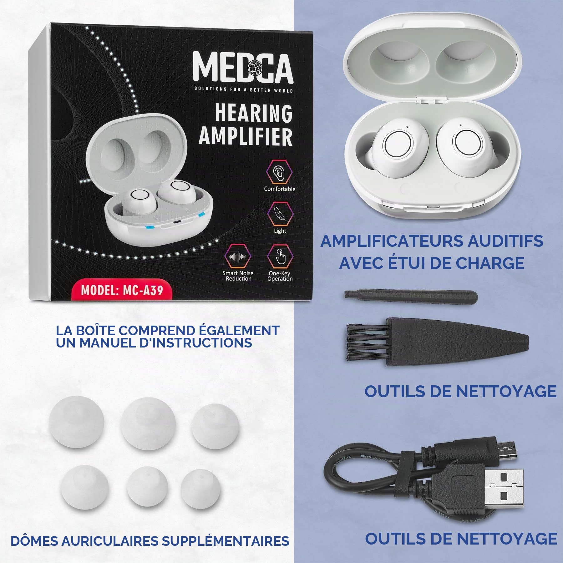 MEDca Appareil personnel numérique nouvelle génération intra-auriculaire avec réduction du bruit - Ensemble de 2 pièces rechargeables ITE, étui de chargement portable, blanc