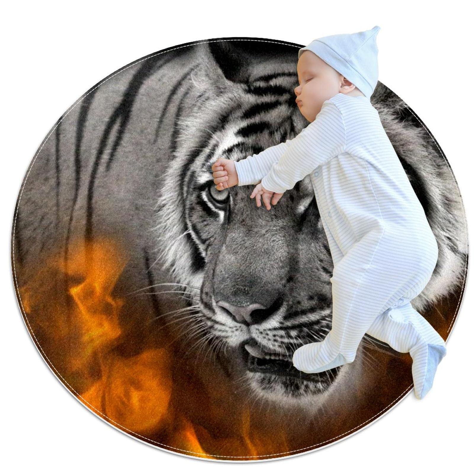 Tapis Tigre Rond 100x100cm JDEZ pour Chambre et Salon