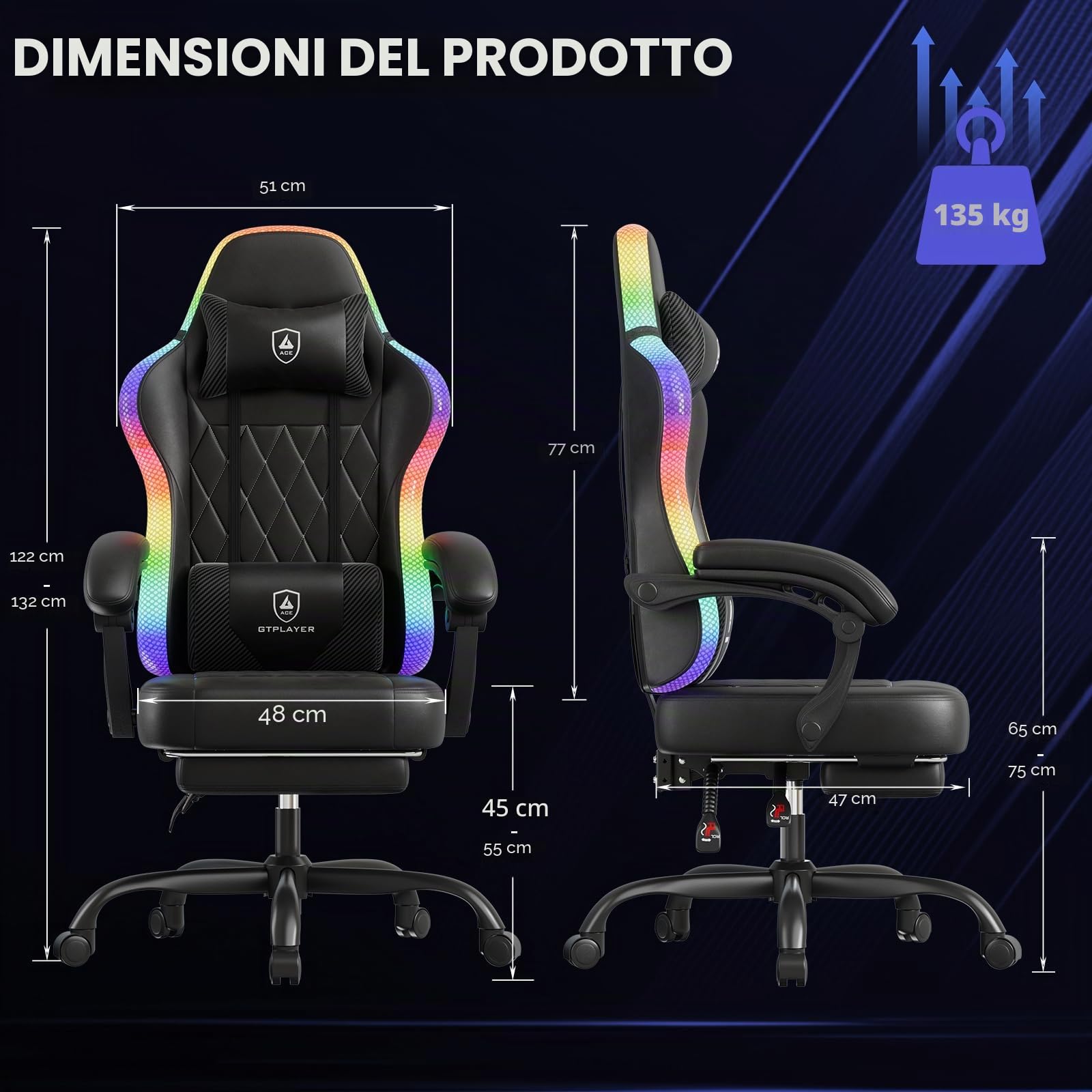 GTPLAYER Sedia da gioco, sedia da ufficio, sedia da gioco con barra luminosa a LED, sedia da giocatore, schienale con custodia, sedia ergonomica in PC con telecomando