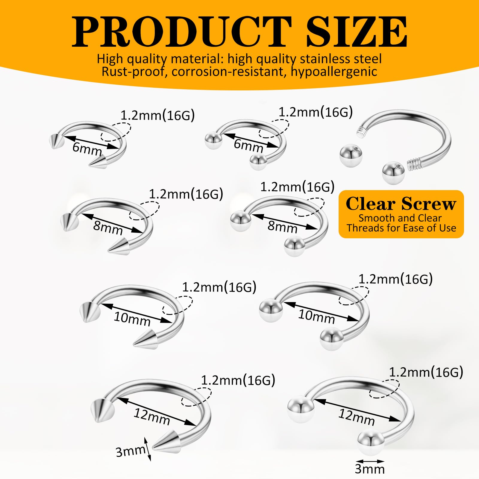 Piercings de Nariz de Acero Inoxidable 16G Bisagra Sin Costuras Herradura Joyería Cartílago Labios