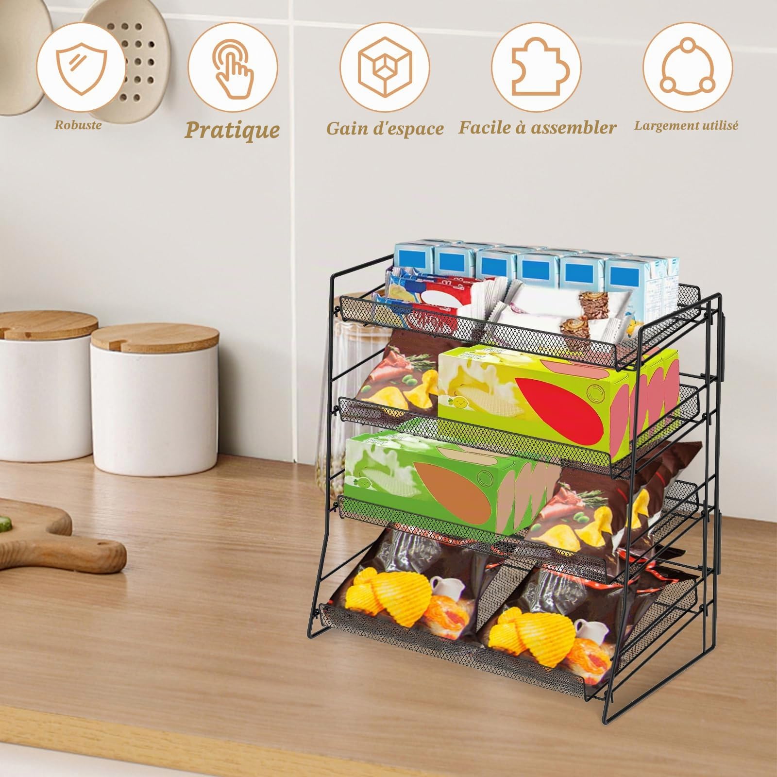 Présentoir à bonbons en métal à 4 niveaux pour plan de travail, 40 × 22 × 41 cm, organisateur de bonbons empilable, étagère de vente au détail pour concession, cuisine, bureau
