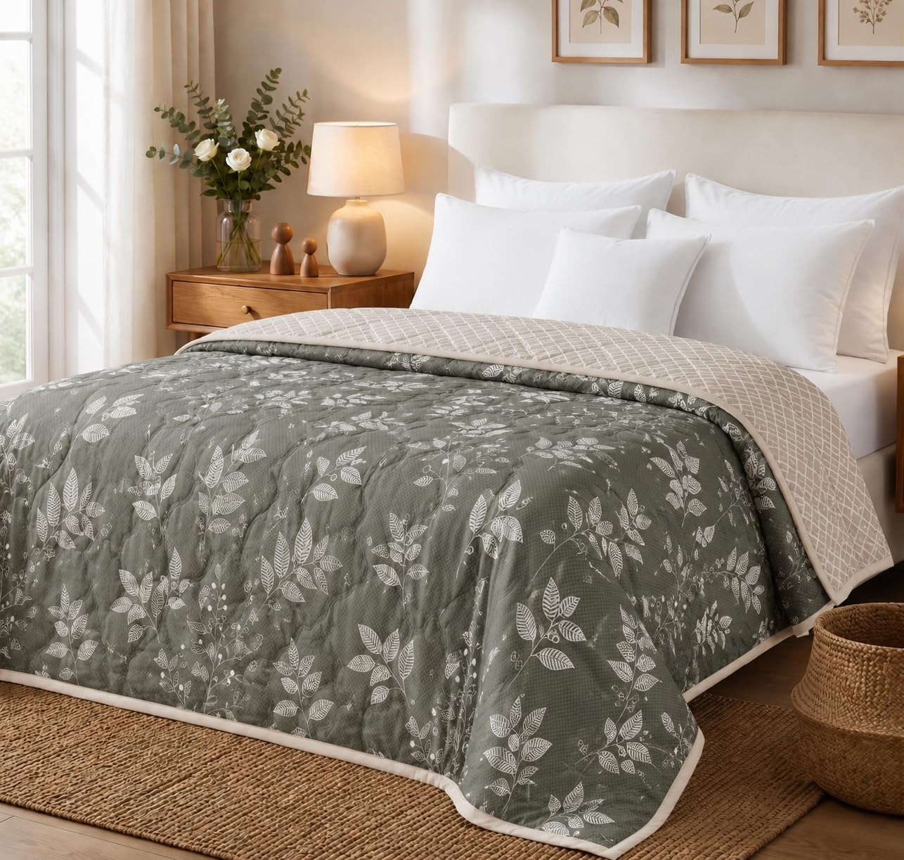 Premium Microfiber Queen Size Ultrasonic Quilted Blanket |Reversible Floral Print Ultra Soft All Season AC Comforter |Lightweight Quilt 72 x 90 Inches,Sage Forest Bloom-image-29
