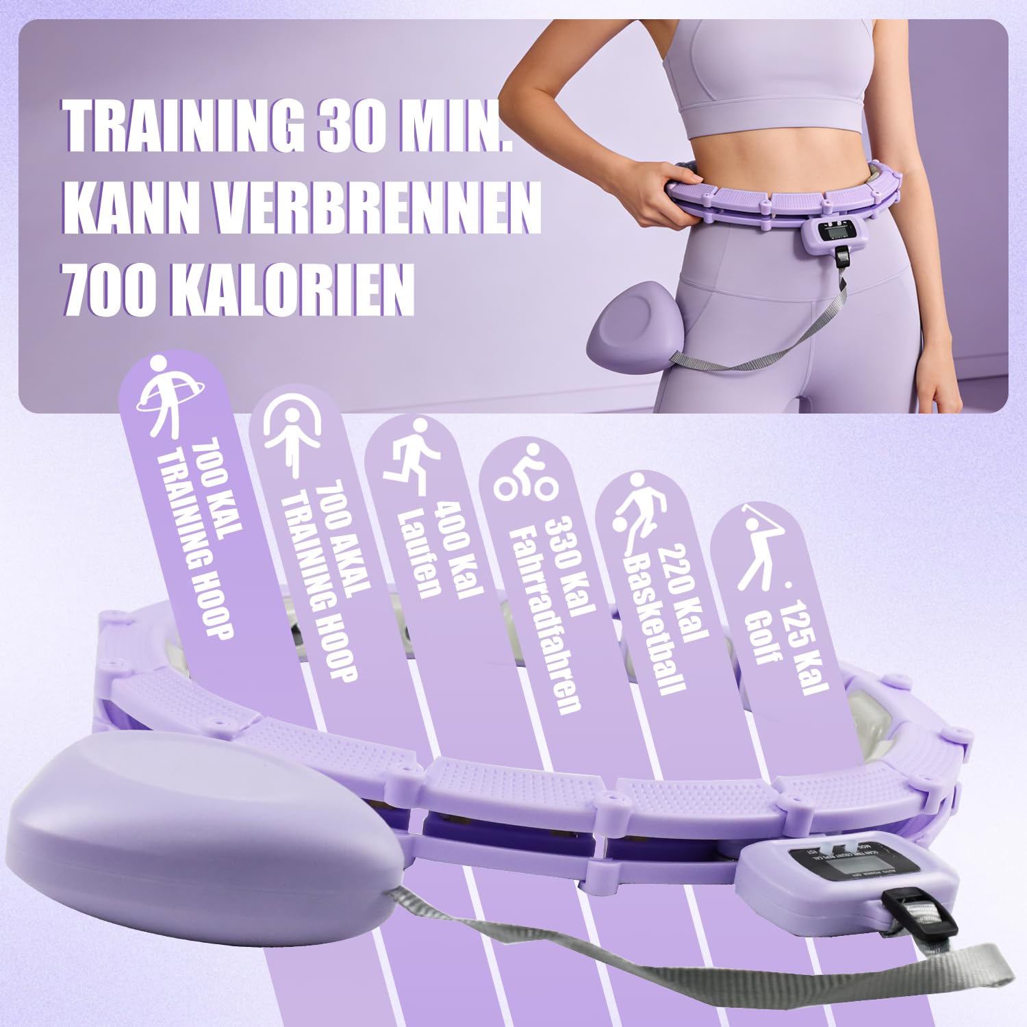 Smart Hula Hoop Reifen Erwachsene und Anfänger mit Gewicht Kugel und Zähler, 24 Knoten Umfang (74-120cm) Hula Hoop mit Hüftgürtel, Abnehmbarer, zum Abnehmen und Fit Werden, Geräuscharm, Frau/Männer