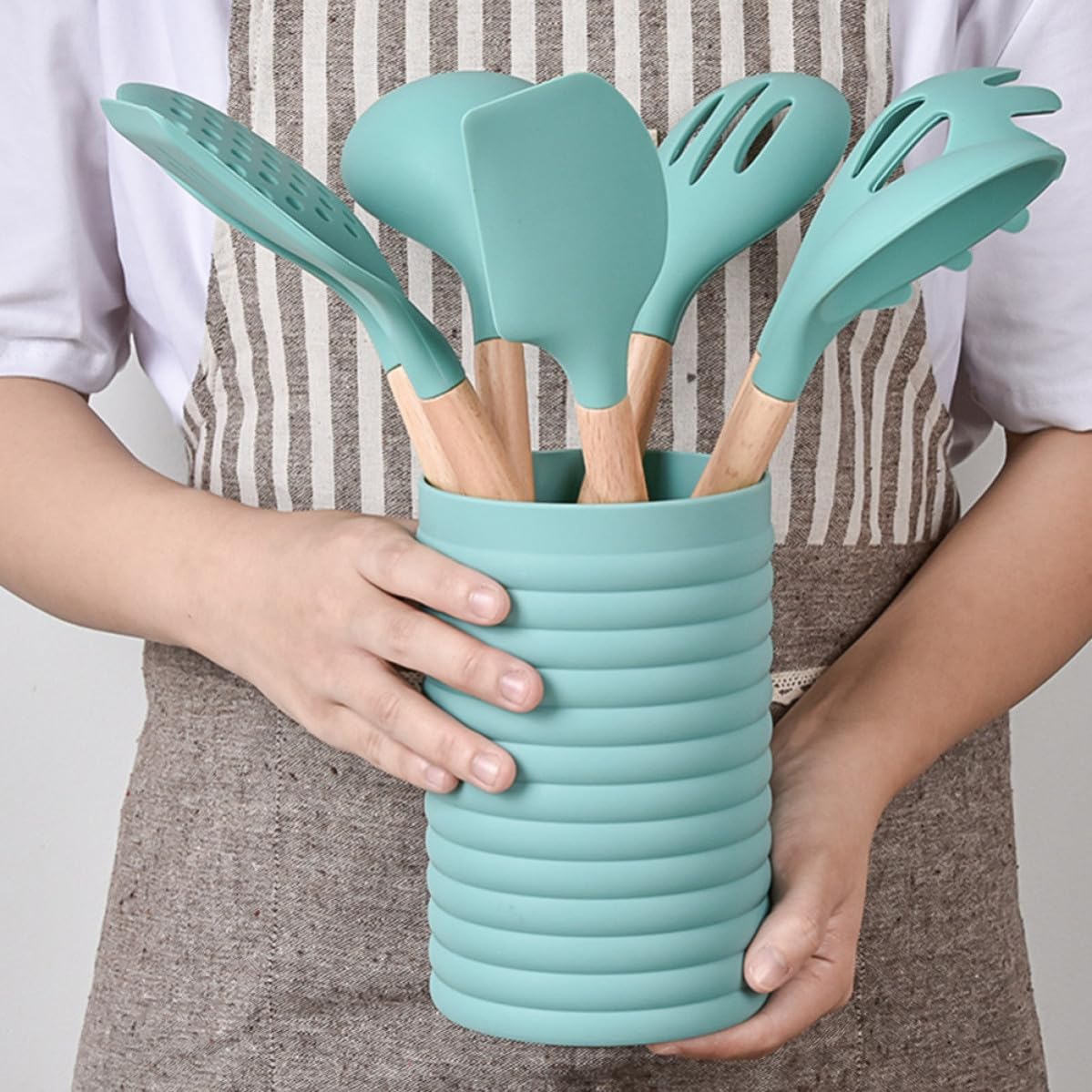 Juego de Utensilios de Cocina con Barril de Silicona y Madera