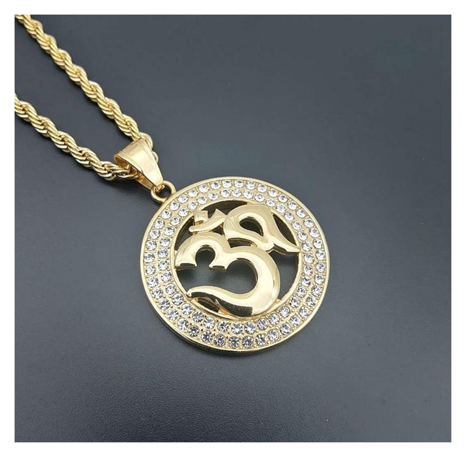 Männer Hip Hop ausgefroren Om Yoga-Symbol Anhänger Halsketten AAA Strass Mode Vintage Halskette Hiphop Schmuck Geschenke for Unisex (Länge: 60 cm, Metall Farbe: Goldfarbe)