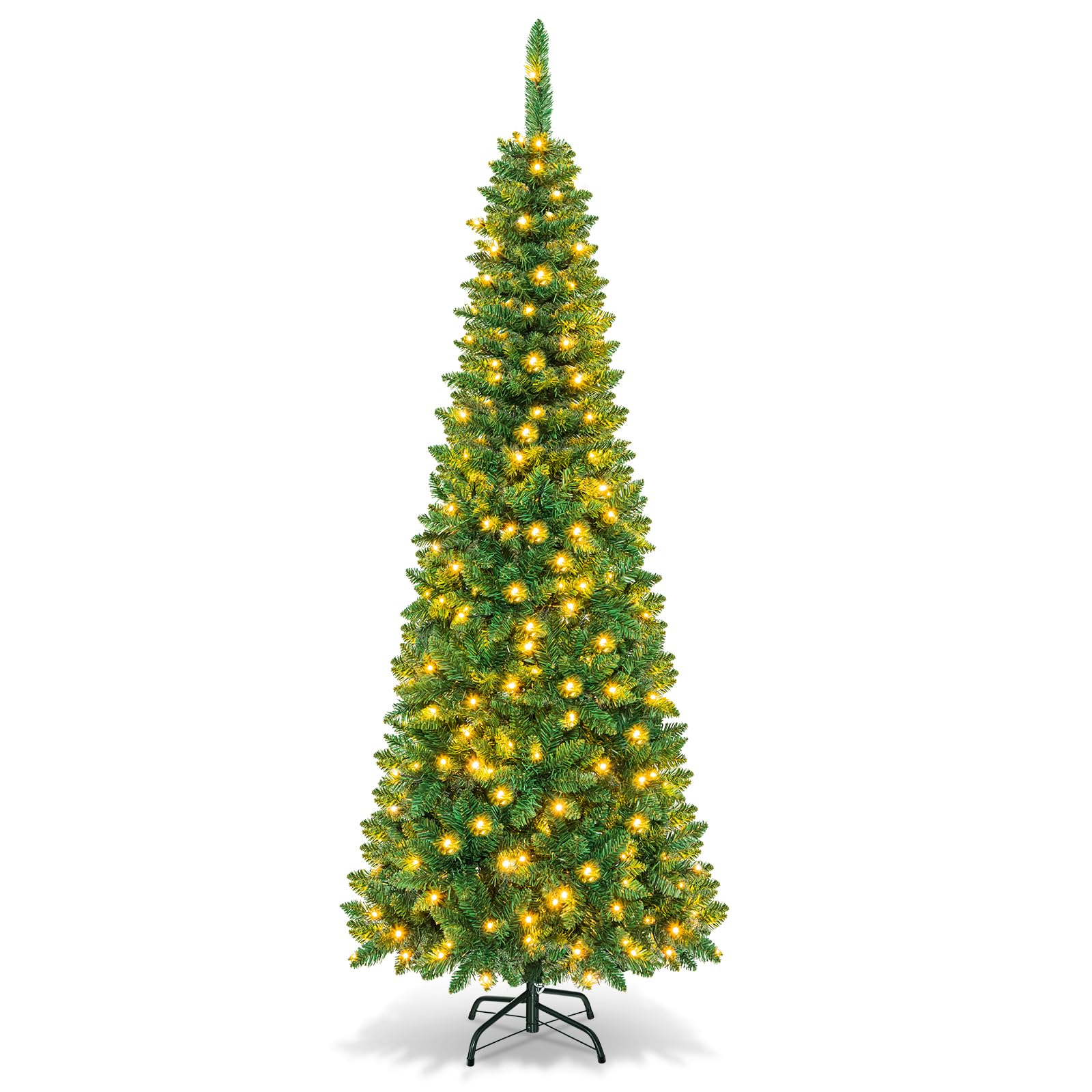 LIFEZEAL Bleistift Weihnachtsbaum, Künstlicher Tannenbaum mit warmweißen LED-Leuchten, Christbaum PVC Nadeln, Kunstbaum mit Klappsystem & Metallständer, Grün (200cm)