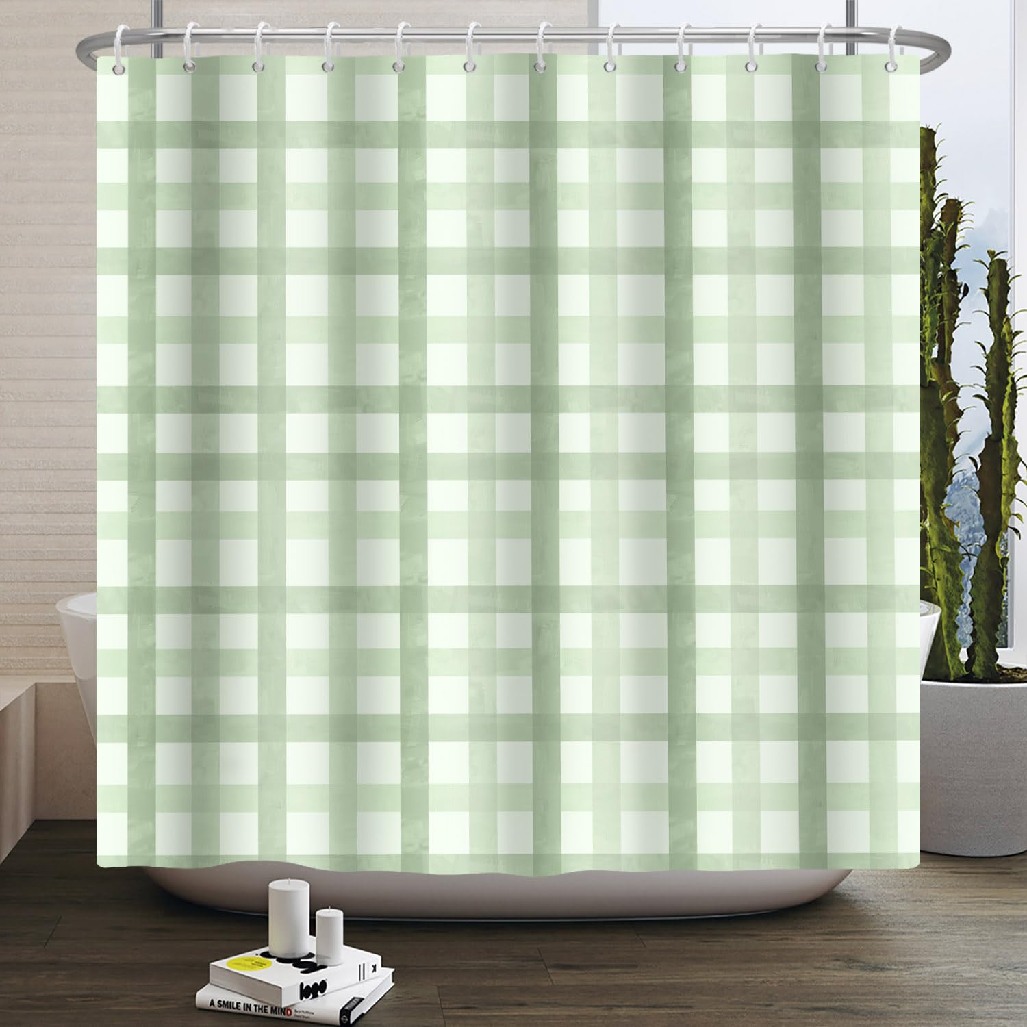 SDOTPMT 165x180cm Bohemian Retro Chic Style Shower Curtain Green White Plaid Striped Bath Curtain Rustic Farmhouse Classic Aesthetic Fabric Waterproof Polyester Curtains Bathroom Set with Hooks