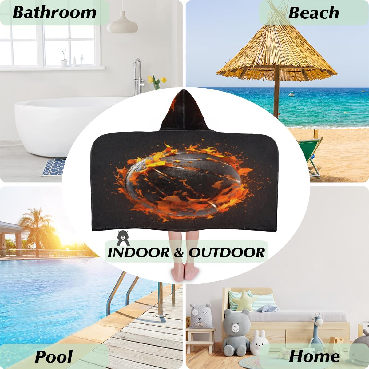 Pardick Kids Bath Towel Basketball with Fire Beach Towel with Hood Pool Cover Up for Girls Boys Soft Absorbent Hooded Bath Towel Toddler Towels for Beach, Pool