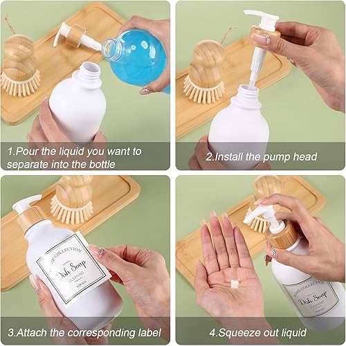 Miniatura 5 de Juego de 4 dispensadores de jabón de cocina de 16 onzas con bomba de bambú, bandeja de jabón y cepillo para platos, juego de dispensador de jabón de