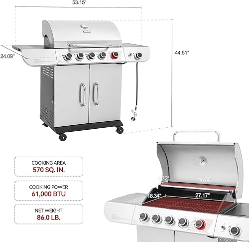 Miniatura 3 de Royal Gourmet SG5002 Parrilla de gas propano de 5 quemadores con quemador lateral y quemador de sellado, parrilla de gas de acero inoxidable con