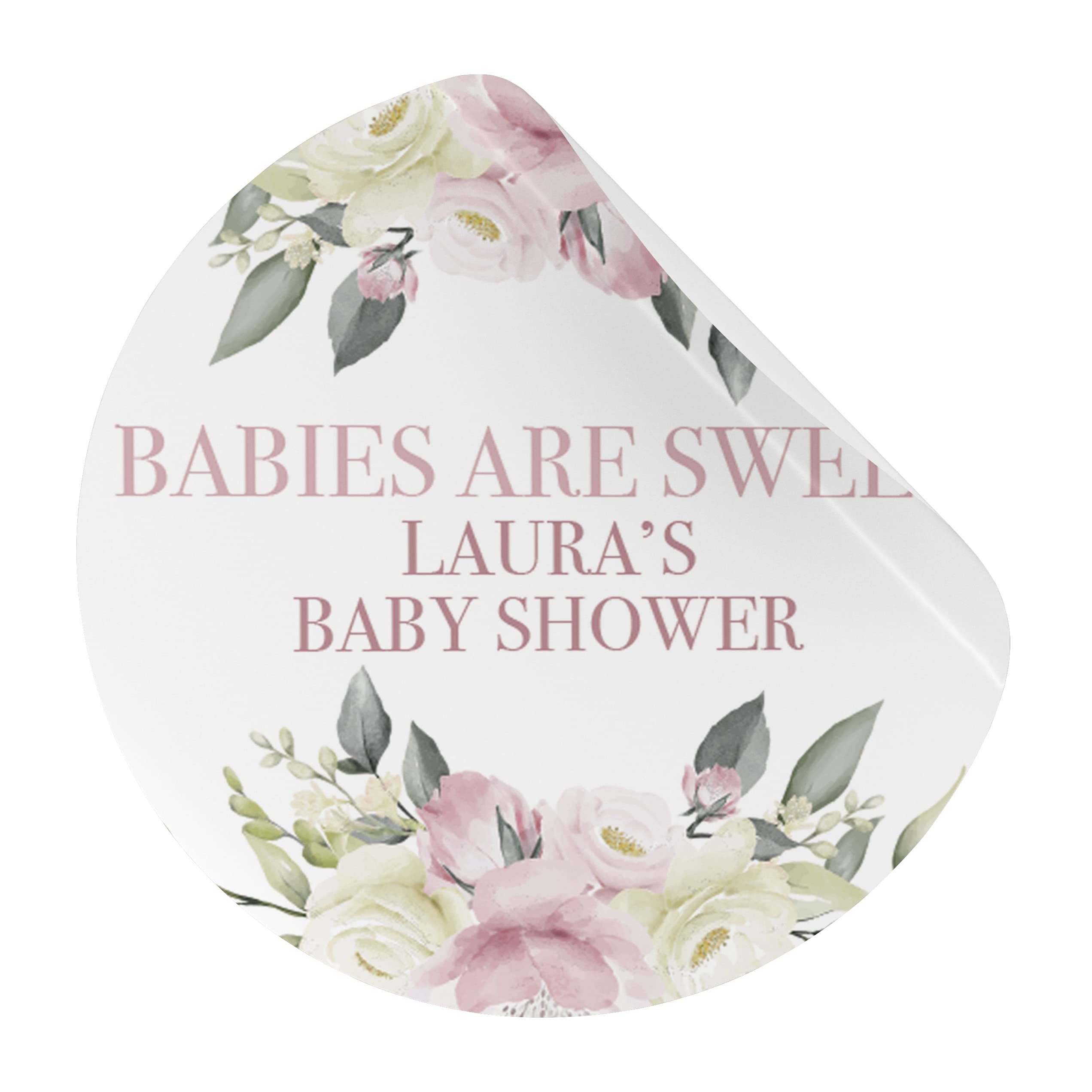 Personalised 'Babies are Sweet' Baby Shower Favour Stickers in Pink Florals (LA17) (37mm (35 per Sheet))