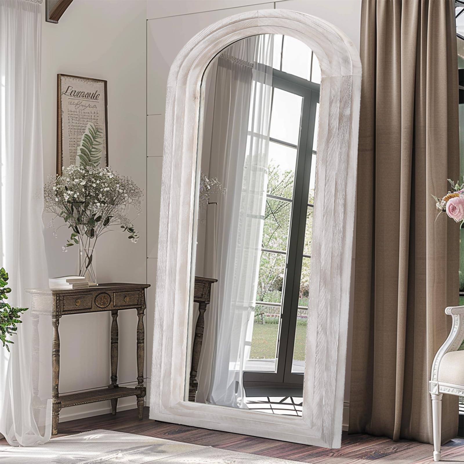 MAXEN Großer Bogen Ganzkörperspiegel 180x80 cm, Gewölbter Standspiegel | Und Wandspiegel Mit Massivholzrahmen, Bauernhaus-Stil, Bruchsicheres Glas, Weiß, Für Schlafzimmer Und Wohnzimmer.