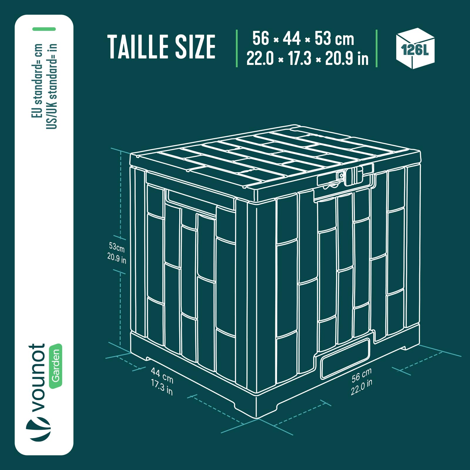 VOUNOT® Baule da Esterno 126L, Cassapanca da Giardino Impermeabile e Resistente ai Raggi UV con Chiusura Integrata, Coperchio Maniglie Incassate 56x44x53 cm per Terrazza, Balcone e Piscina, Antracite