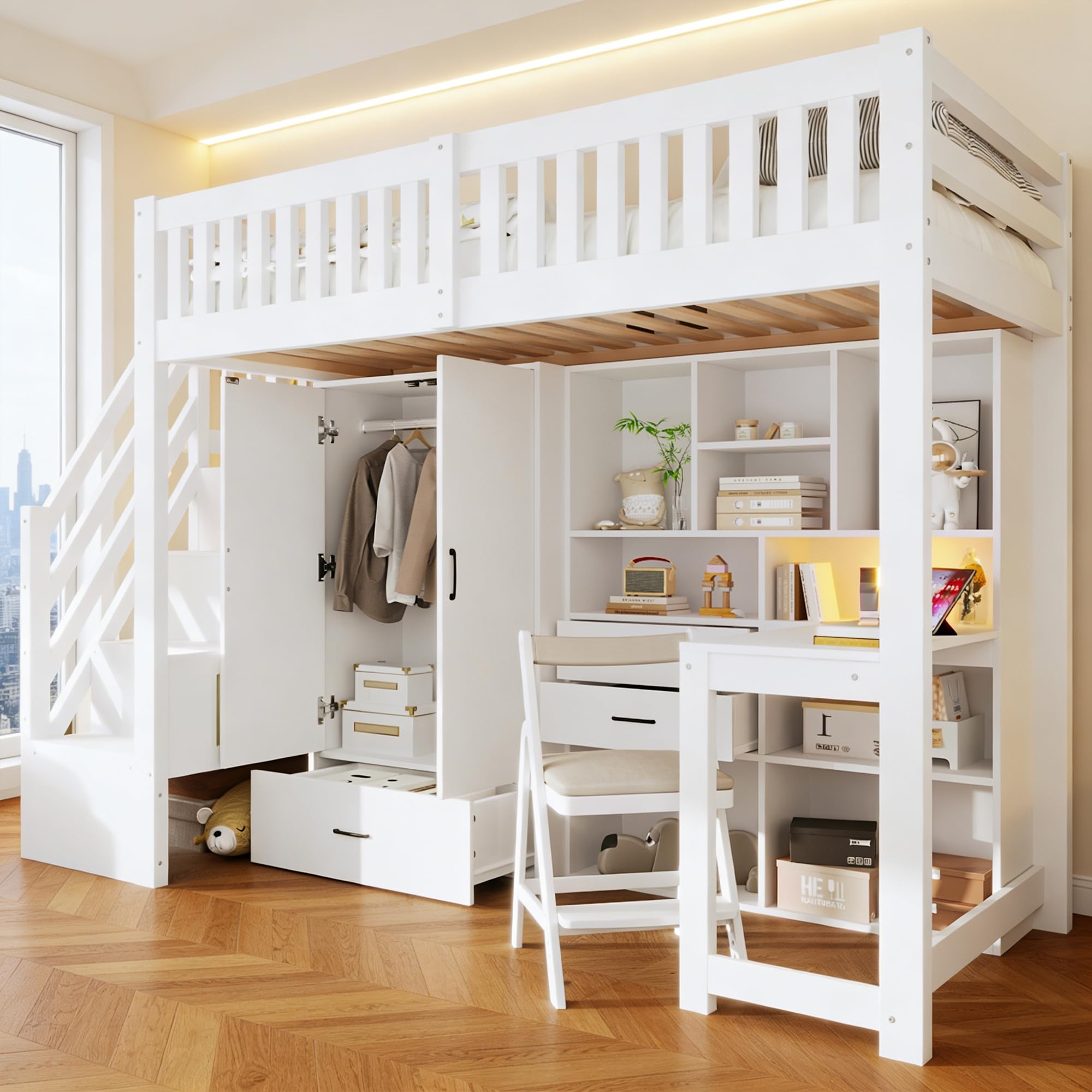Letto a castello 90x200cm con scrivania e armadio,letto a soppalco per bambini con cassetti e vano portaoggetti,letto castello con Scaletta, struttura letti ragazzi 90x200,Pine,Senza materasso,Bianco