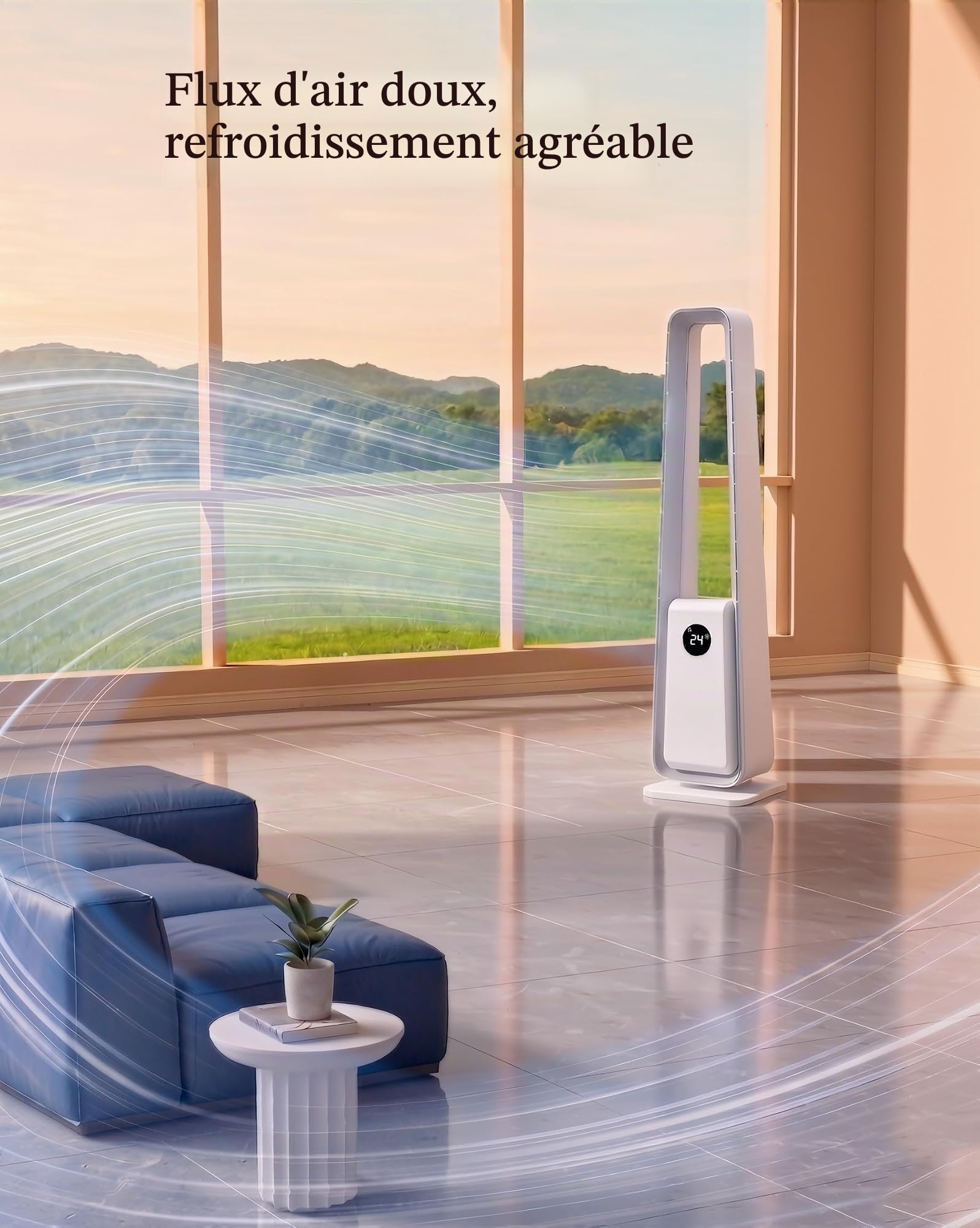 Ventilateur Sans Pale : Ventilateur Colonne Sans Pale Silencieux avec Télécommande, 24 Niveaux de Vitesse, 3 Modes, Minuterie 12H, Oscillant pour Chambre et Salon, Chambre, Maison, Bureau