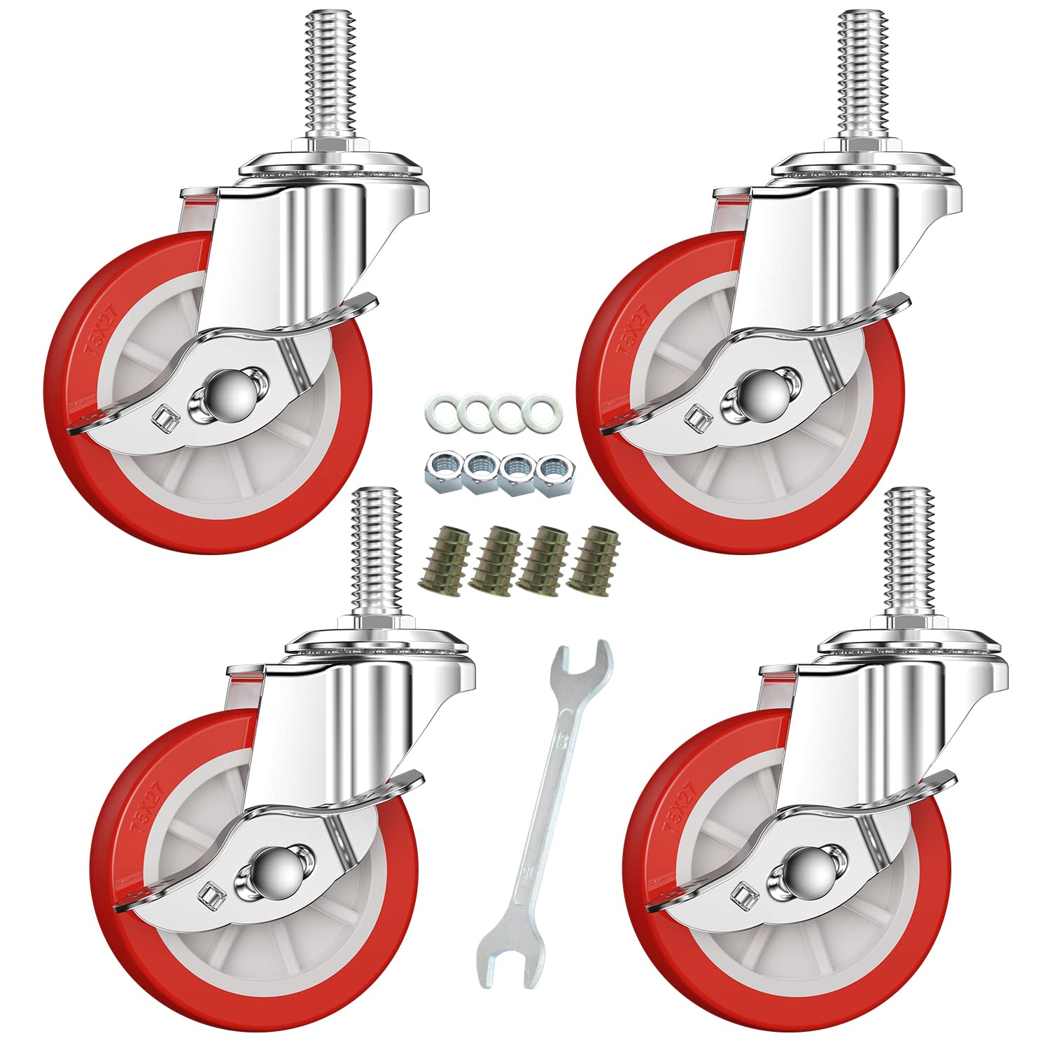 DICASAL 3 Inch Durable Heavy Duty Casters with Imperial 3/8-16x25mm Stem Thread Wear Resistant Red PVC Material Swivel Wheels Castors for Furniture Carts and DIY Tools 4 Pack