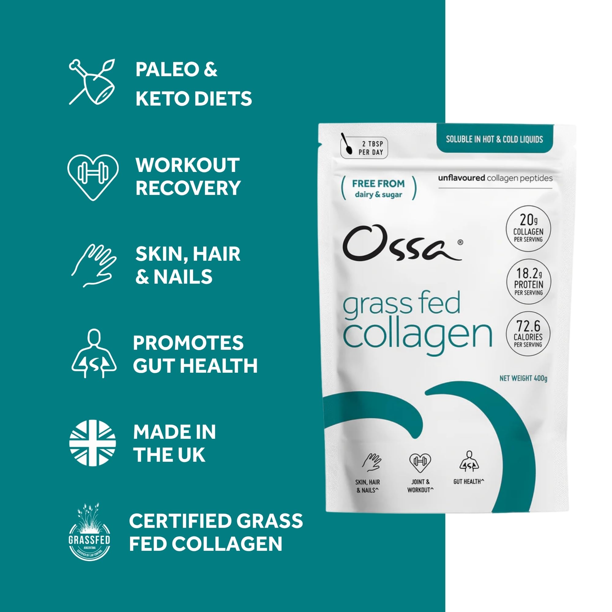 Ossa Collagen Peptide Pulver 400g | Grasfutter | Natürliches Proteinergänzungsmittel mit Aminosäuren | Keto- & Paleo-freundlich | Unterstützt gesundes Haar, Haut, Gelenke & Muskeln
