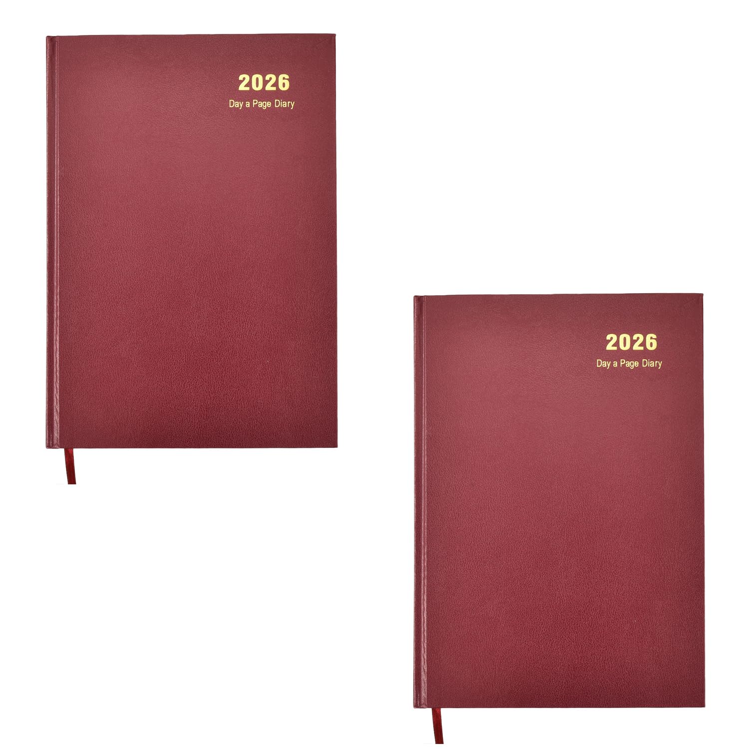 2026 Diary A4 One Day to Page Hardback Cover & Ribbon Marker, Year Planner for Business, Office, Home, Traveling, Organization, Appointments (Burgundy - Pack of 2)