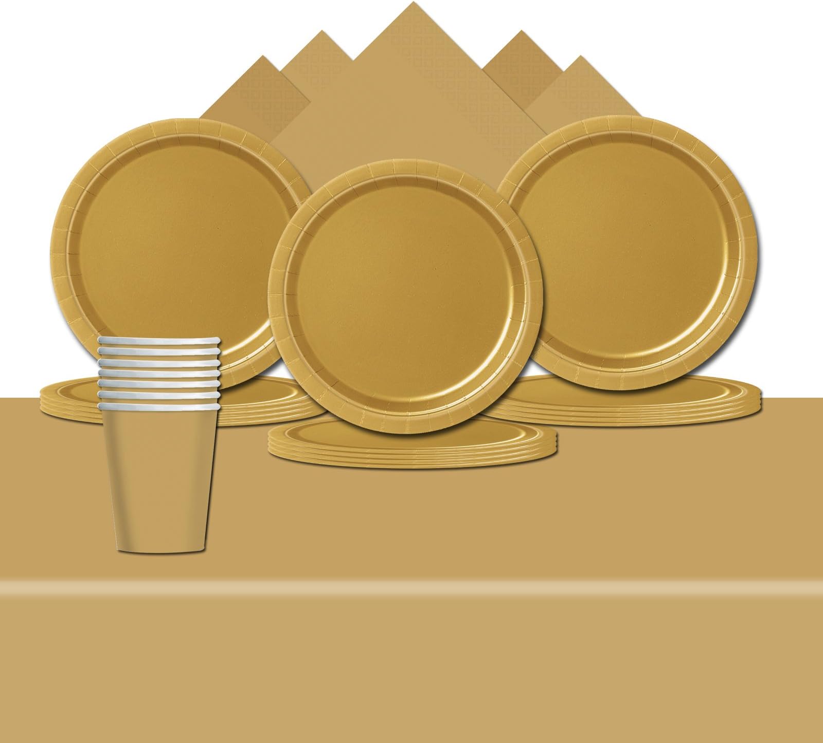 Tableware Complete Party Supplies Pack For 8 - Cups, Napkins, Plates And Rectangular Table Cover (Gold)