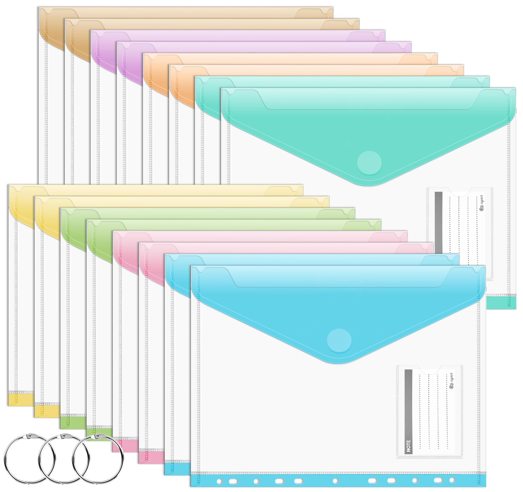 Agoer 16PCS Dokumententaschen zum Abheften,[Breitere Größen] 8 Farben Dokumentenmappe A4 Klettverschluss,Sammelmappe DIN A4 mit 11 Lochrand Binderlöcher,Etikettentasche für Dokumente Organizer