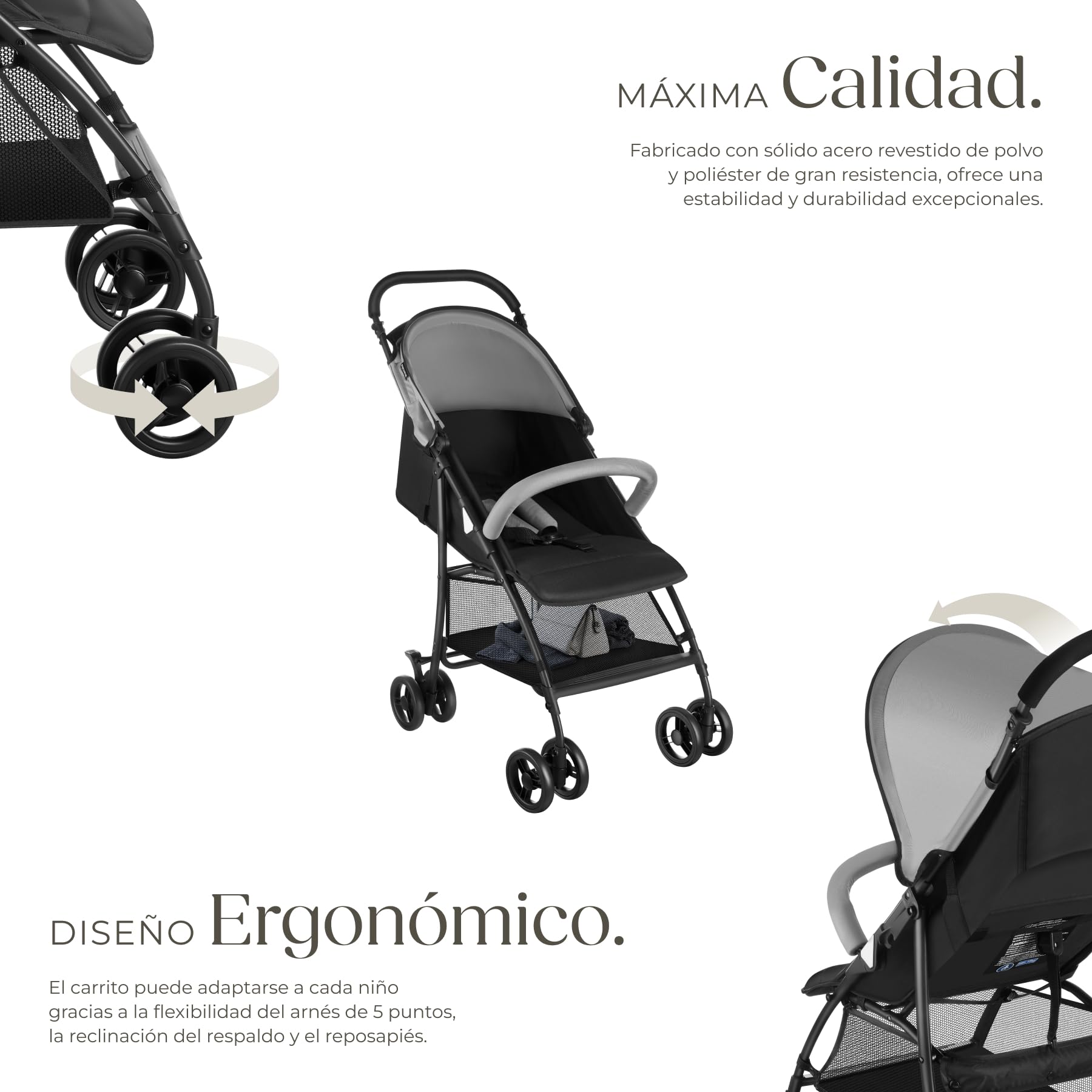 tectake® Carrito de Bebé Plegable, Cochecito Bebé con Arnés de 5 Puntos, Freno y Barra de Seguridad, Buggy con Respaldo y Reposapiés Ajustables, Capota Plegable, Apto de 0 a 36 Meses, 15 kg