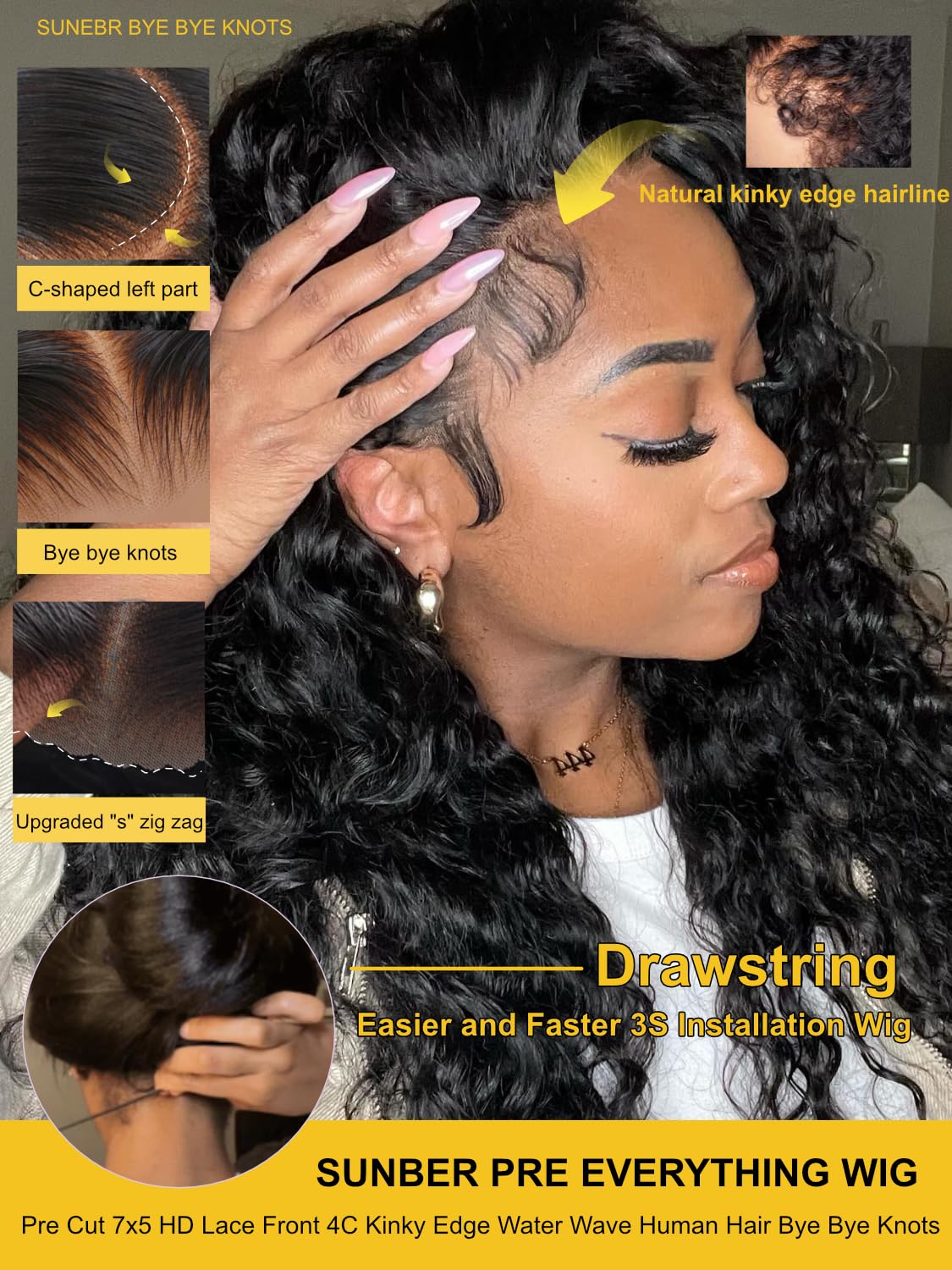 Sunber Water Wave Human Hair Glueless Wigs with 4C Kinky Edge Drawstring Bye Bye Knots Human Hair Wig Pre Cut 7x5 HD Lace Put On Go Pre Plucked Pre Bleached Invisible Knots 20Inch