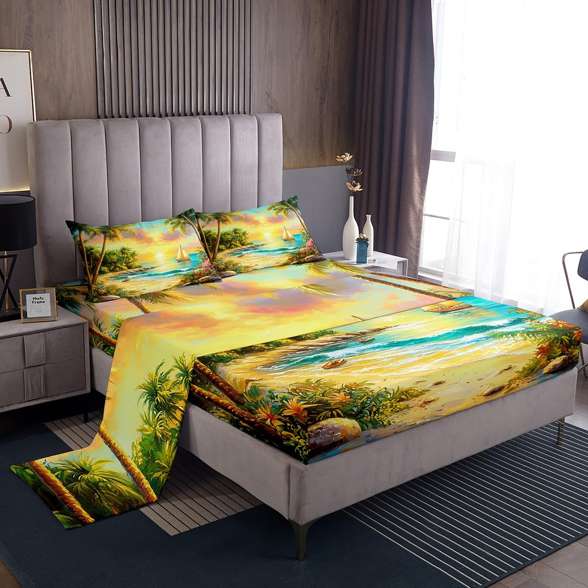Tropical Ocean Beach Bed Sheet Set Queen Size Sailboat Coconut Tree Sheet Set Gold Sunset Sky Sheets for
