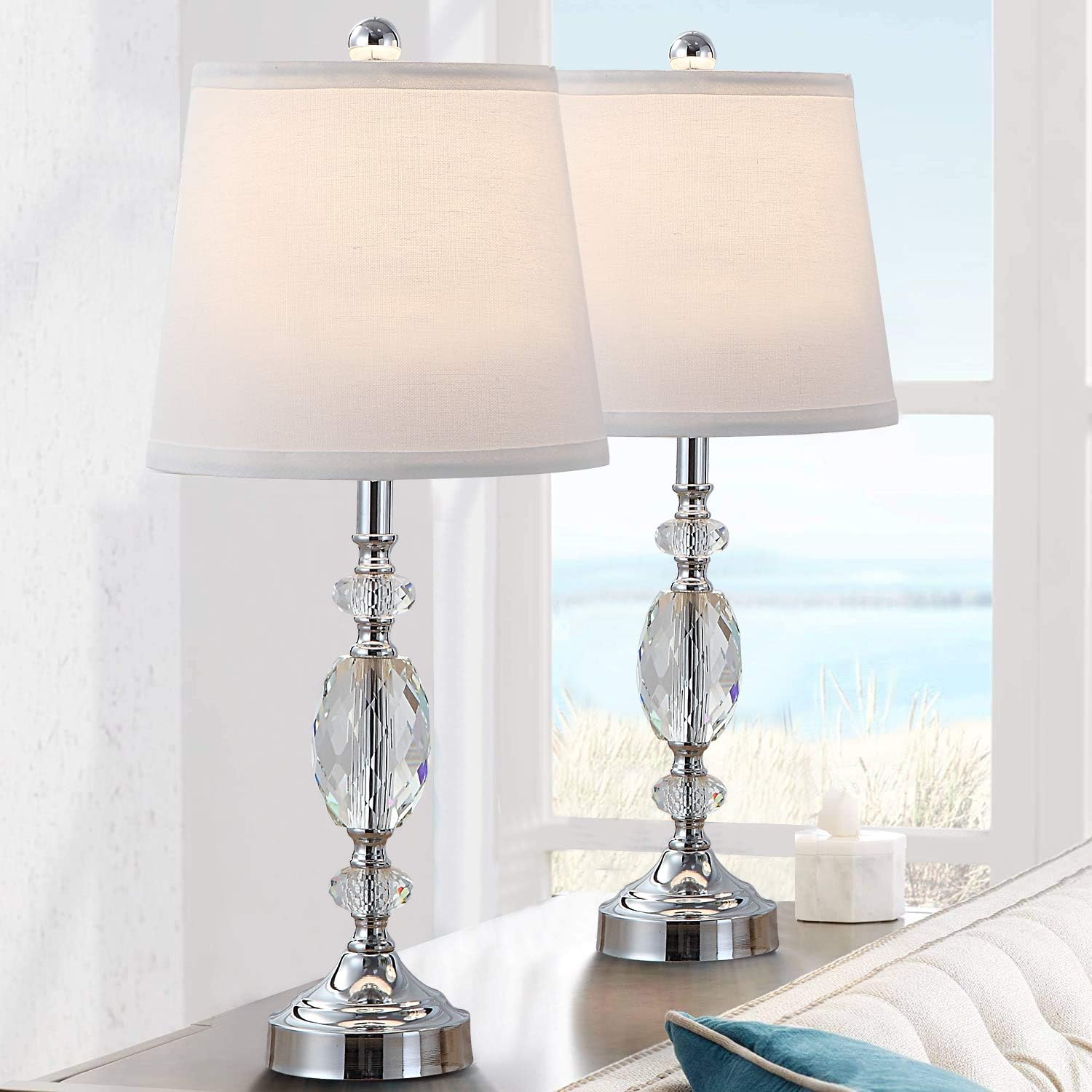 Pauwer Crystal Table Lamps Set Of 2 with Dual USB Charging Ports, Stacked Crystal Ball Accent Bedside Lamp, Modern Exquisite Nightstand Lamp with Fabric Shade for Bedroom, Living Room, Office (No USB)