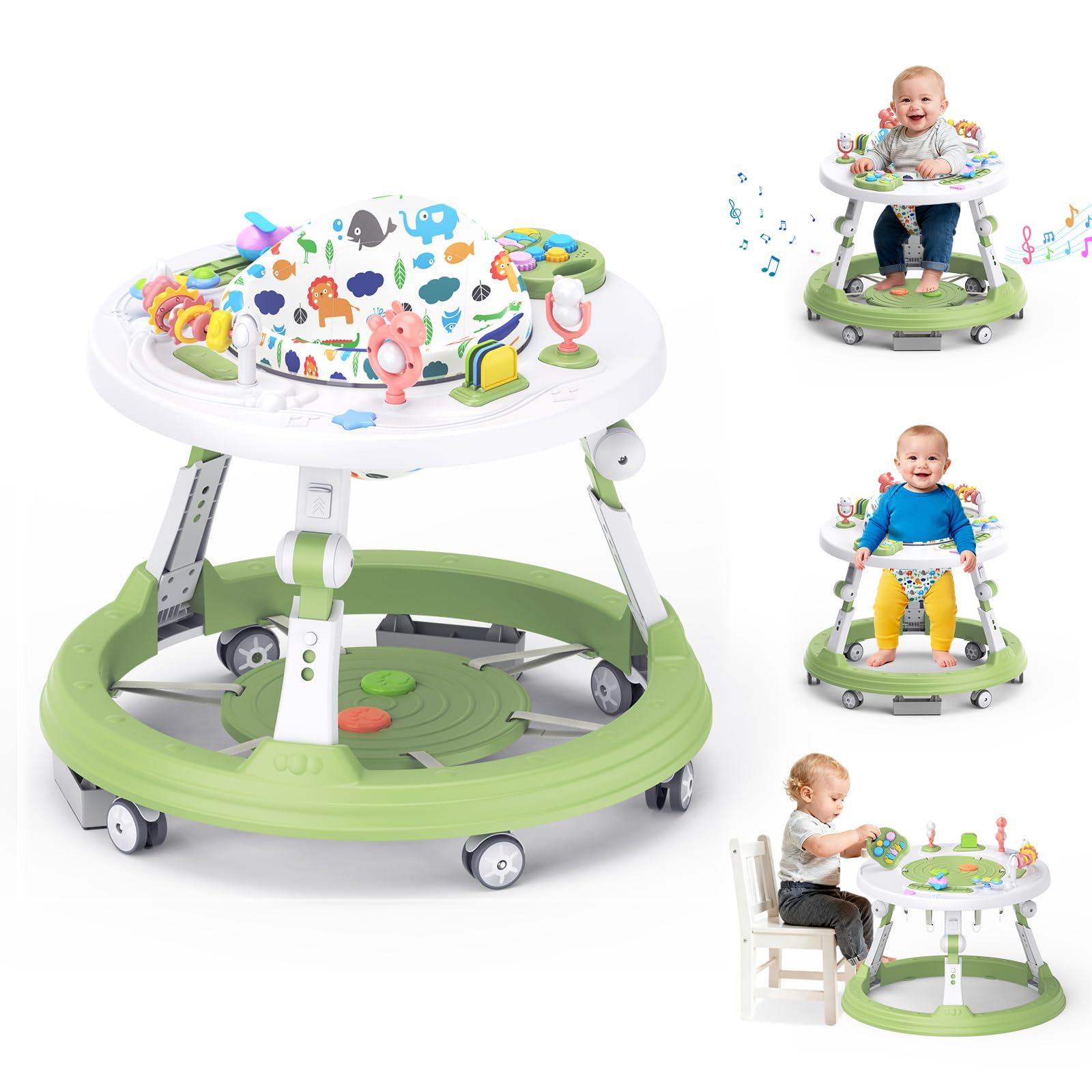 Baby Walker Foldable, 4-in-1 Toddler Infant Walkers with Wheels, 360-degree Rotatable Play Tray, for Boys and Girls 6-18 Months- Activity Center, 3-