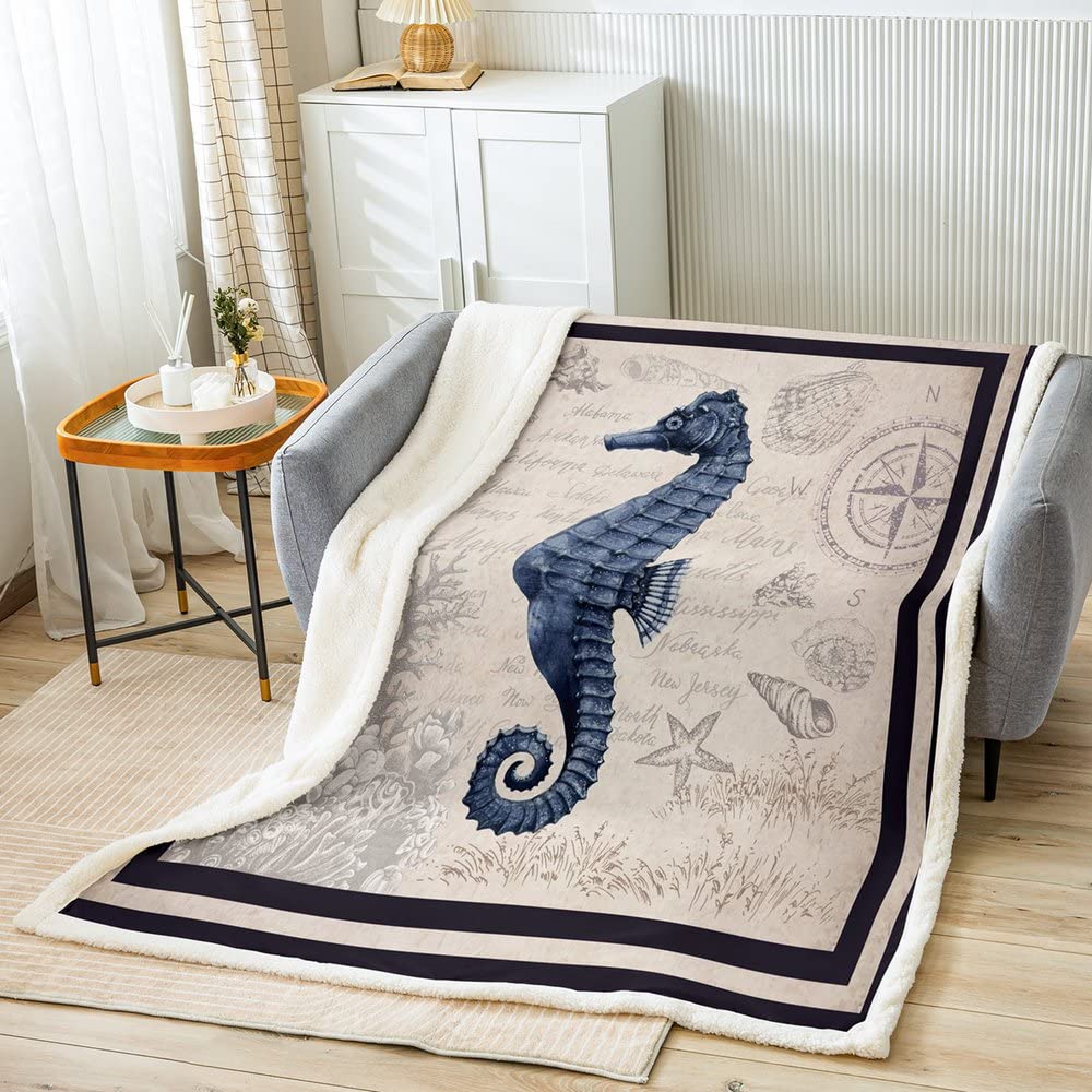 Konik morski Sherpa koc ocean stworzenie polar narzuta koc morski podwodny świat pluszowy koc na łóżko sofę życie morskie morskie ciepły puszysty koc podwójny 152 x 180 cm