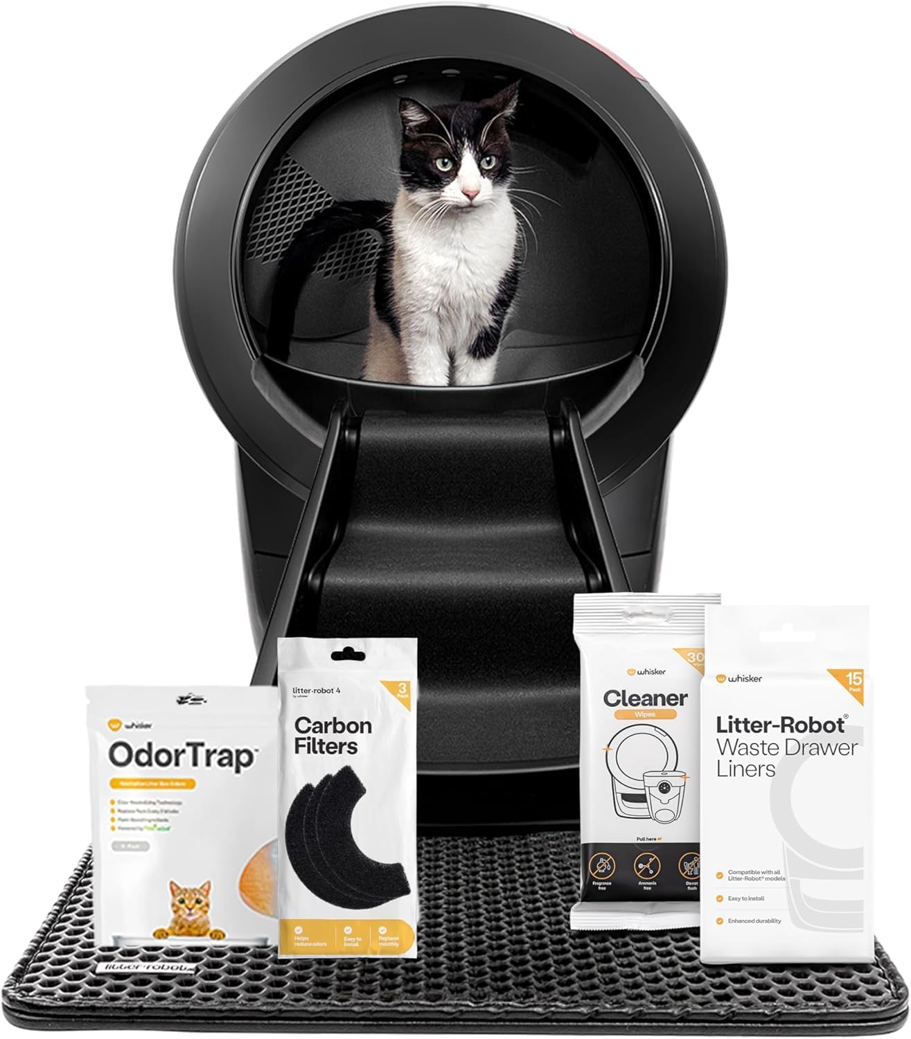 Litter-Robot 4 Supply & Accessory Bundle by Whisker, Black- Automatic Self-Cleaning Cat Litter Box, Includes Litter-Robot 4, Mat, 3 OdorTrap Packs, 10 Liners, 30 Wipes, & 2 Carbon Filters