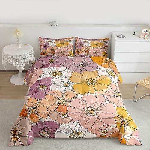 Miniatura 2 de Groovy - Juego de edredón de flores de los años 60, 70 y 80, color rosa, morado, amarillo, juego de ropa de cama retro floral bohemio para niños y