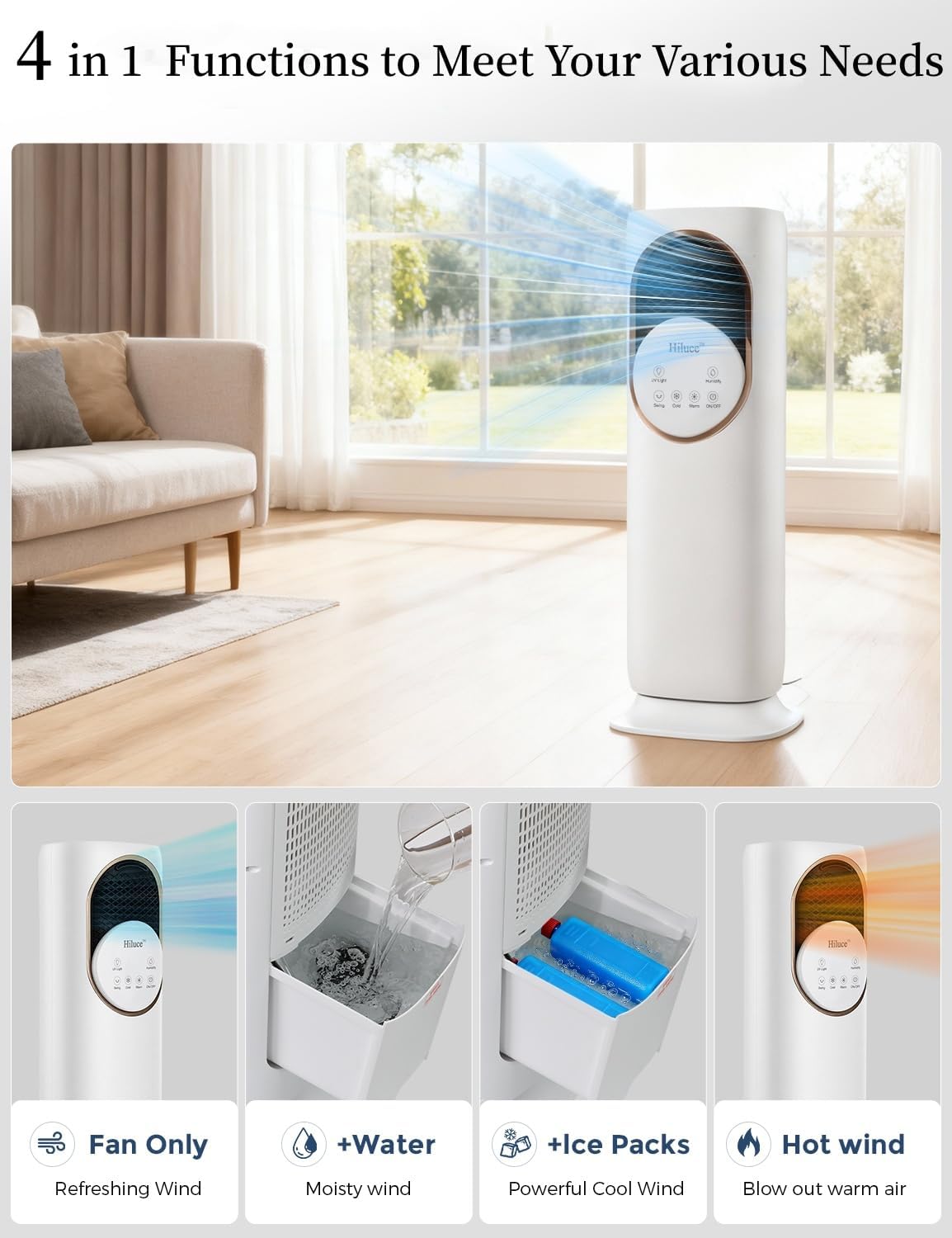 Hiluce 4-IN-1 Tower Fans that Blow Cold Air for Bedroom, Bladeless Fan and Heater Combo,28 ft/s Quiet Swamp Cooler Fan with Ice Packs,180° Oscillating,2 Heating & 3 Cooling Speed, 9H Timer